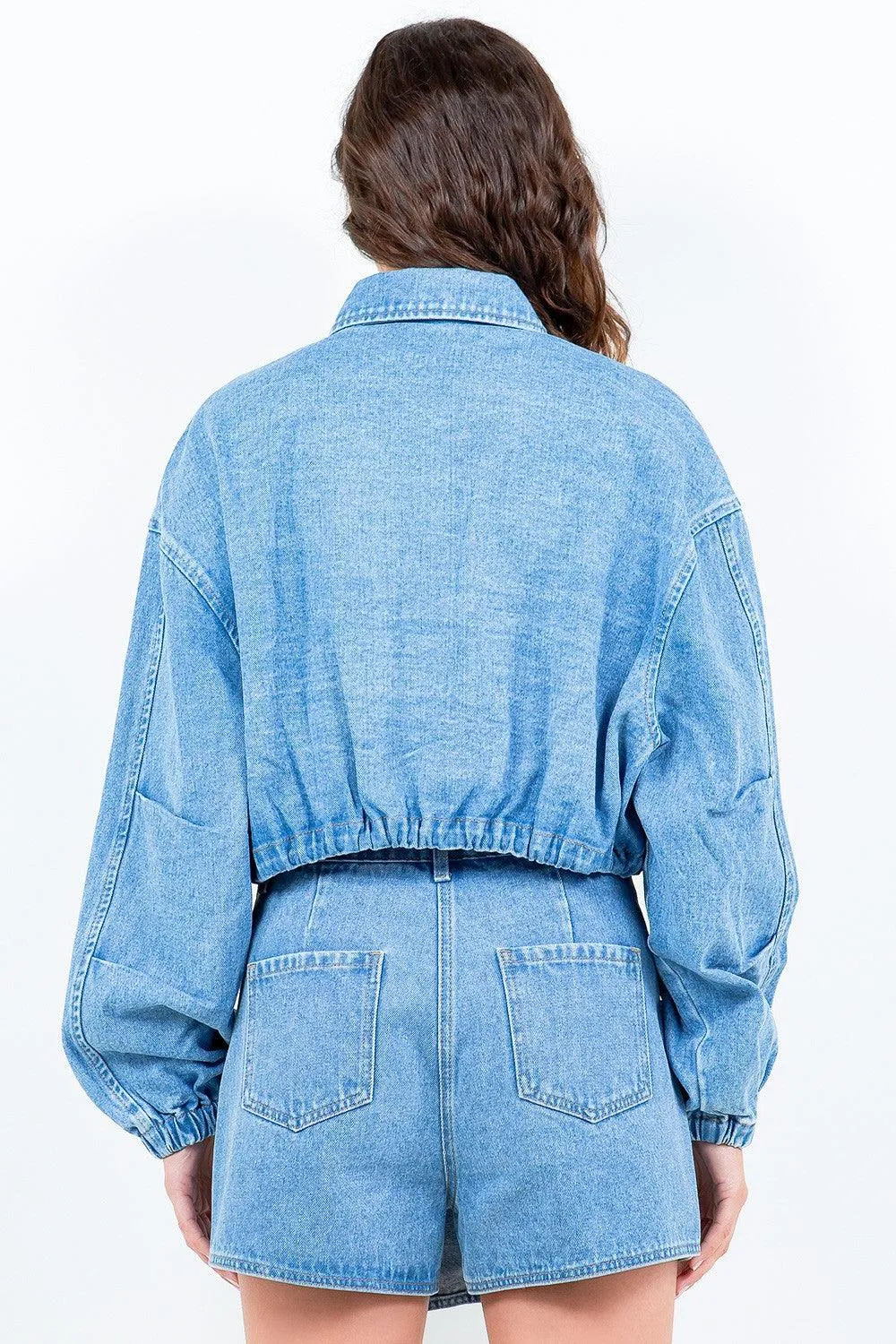 Crop Denim Jacket American Bazi Drawstring Waist Zipper Outwear