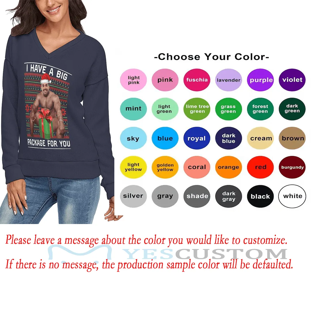 Custom Boyfriend Face V-Neck Sweater for Women Ugly Christmas Sweater Long Sleeve Lightweight Sweater Tops