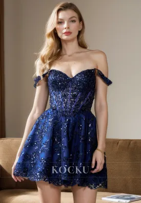 Elegant & Luxurious Off-Shoulder A-Line Sparkly Appliques Sequined Party Homecoming Dress