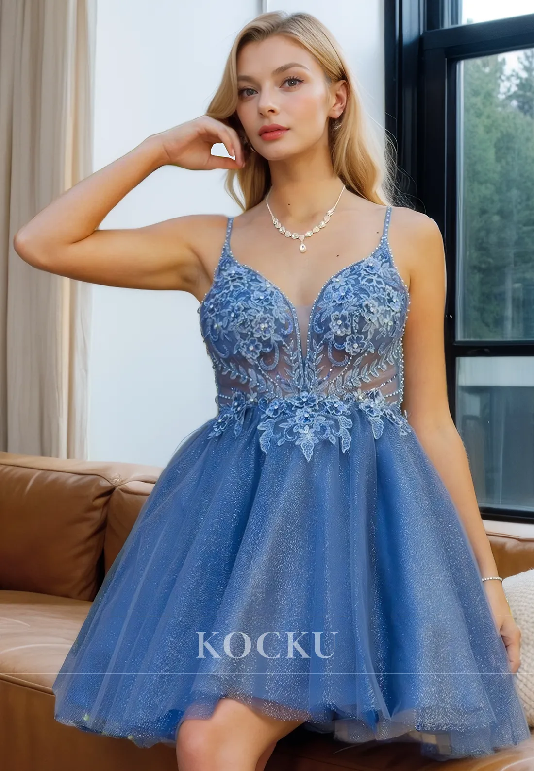 Elegant & Luxurious Spaghetti Straps V-Neck A-Line Sparkly Party Homecoming Dress