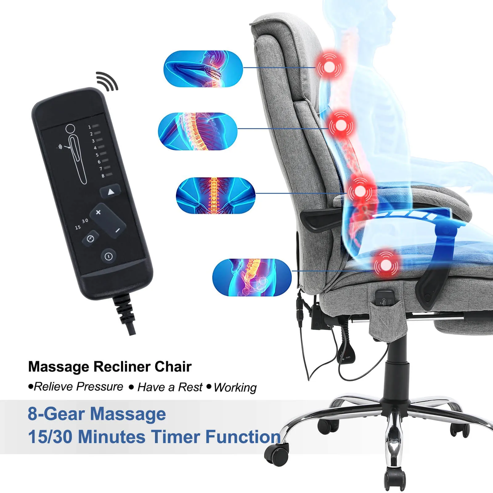 Ergonomic Reclining  Massage Office Chair with Breathable Fabric Light Gray