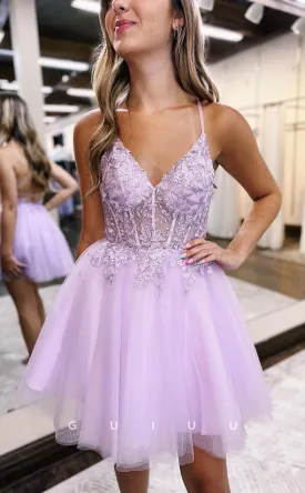 GH649 - Sexy Hot Tulle Applique Sheer Ball Gown Homecoming Dress With Backless