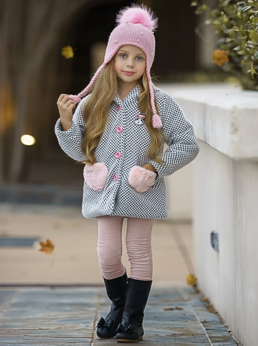 Girls Medium Long Wool Hooded with Fluffy Pockets Coat