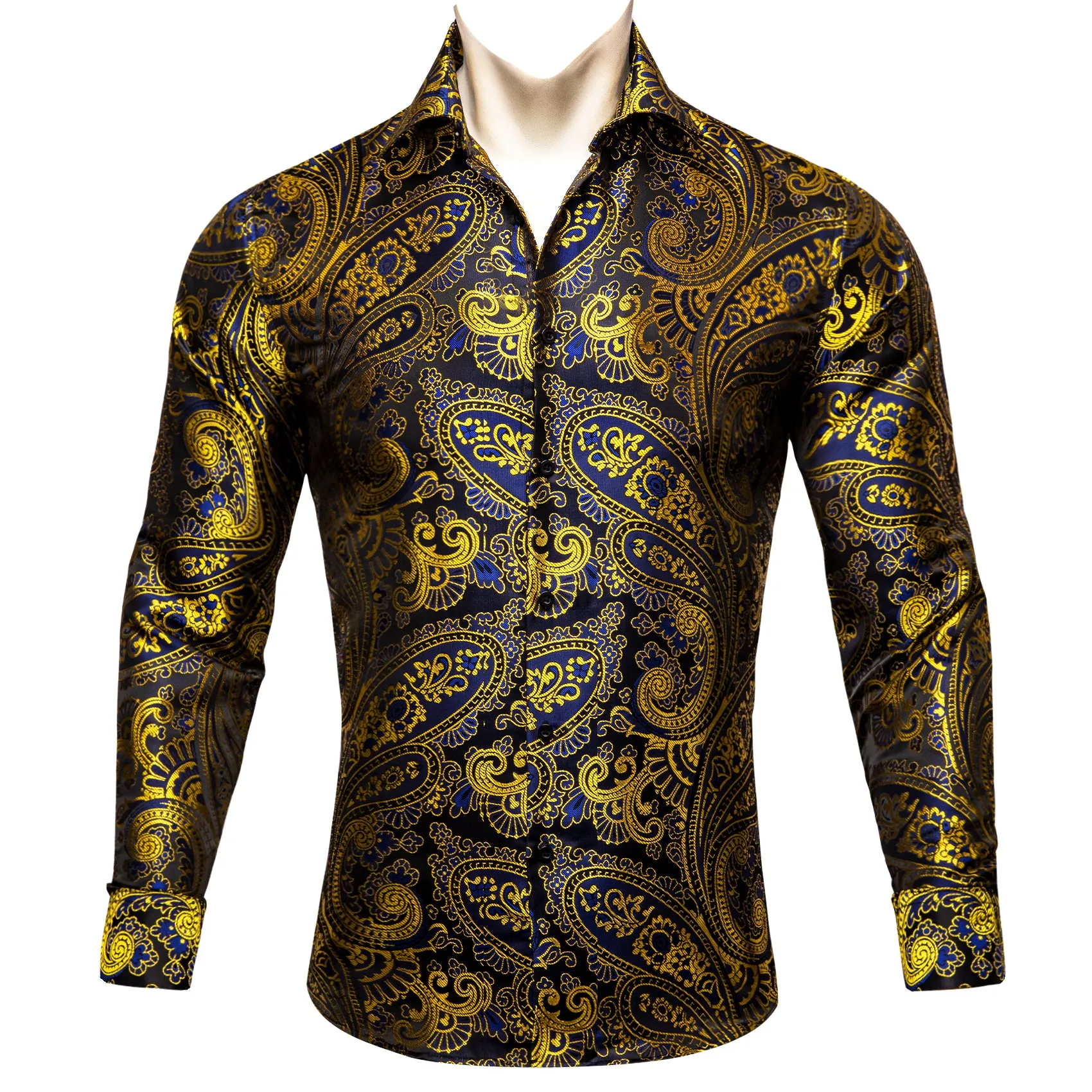 Gold Blue Paisley Floral Silk Men's Long Sleeve Shirt