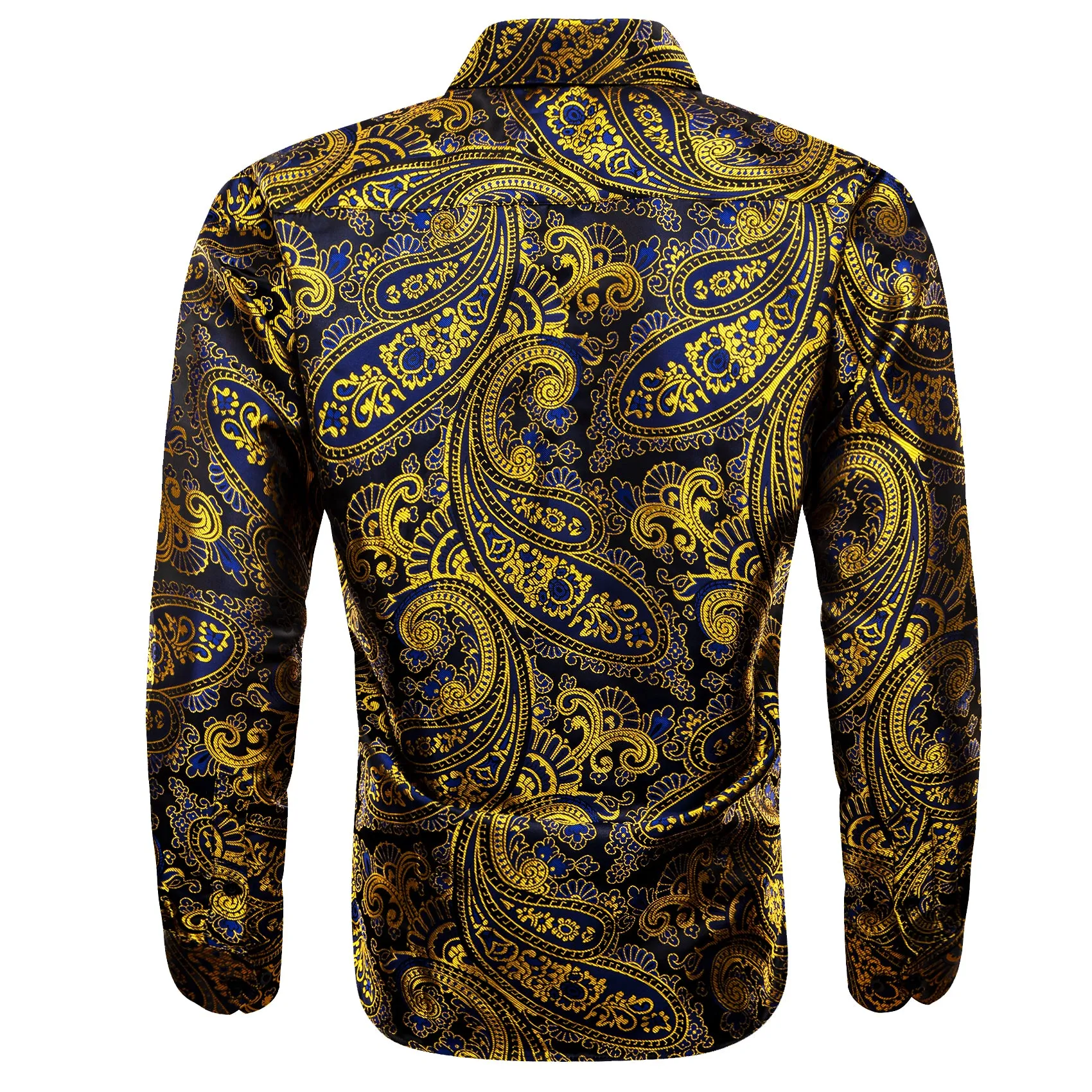 Gold Blue Paisley Floral Silk Men's Long Sleeve Shirt