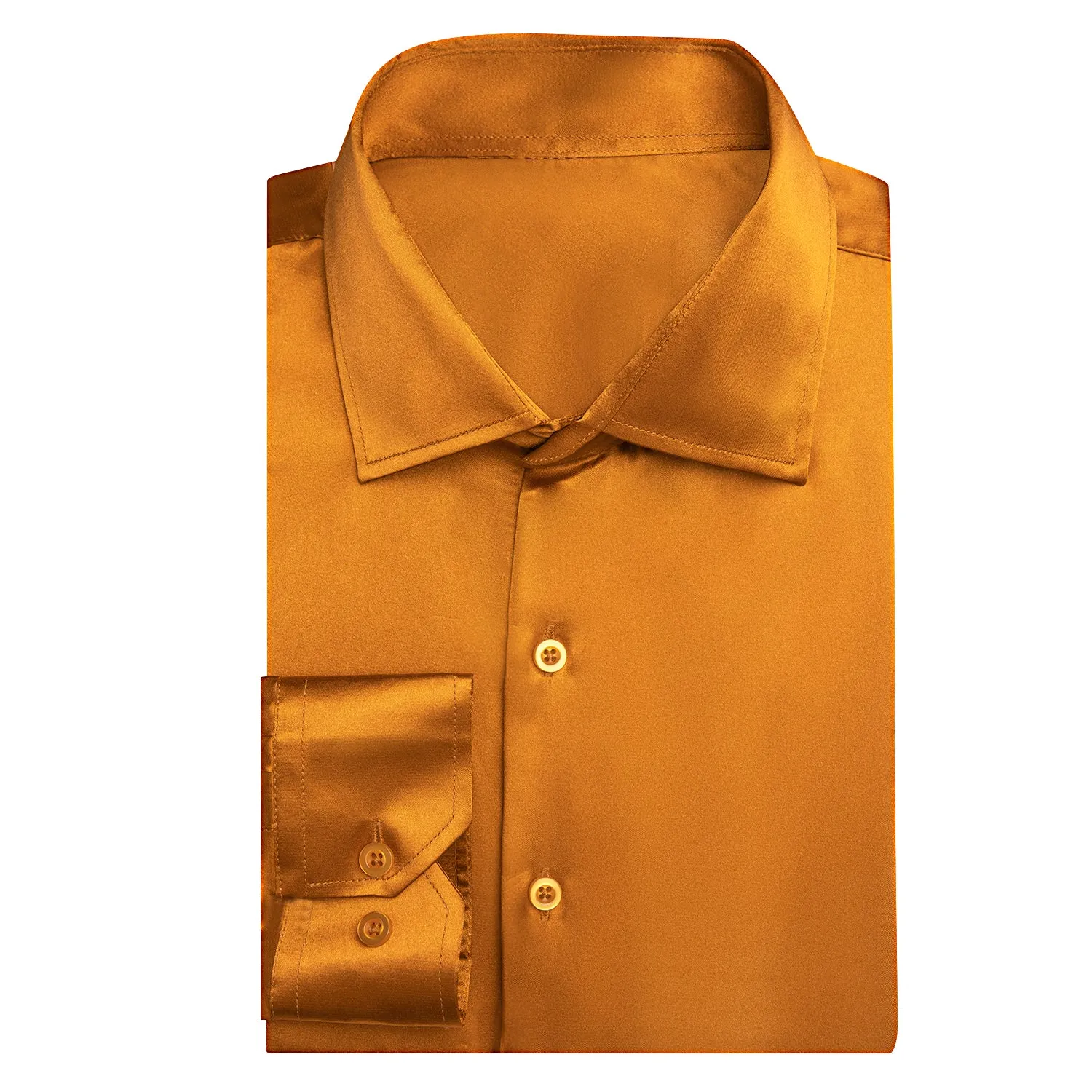 Golden Yellow Solid Satin Silk Men's Long Sleeve Business Shirt