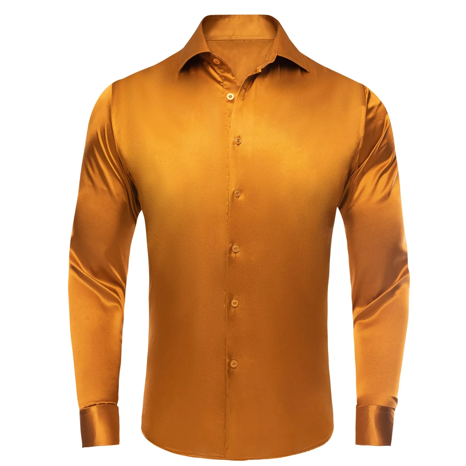 Golden Yellow Solid Satin Silk Men's Long Sleeve Business Shirt