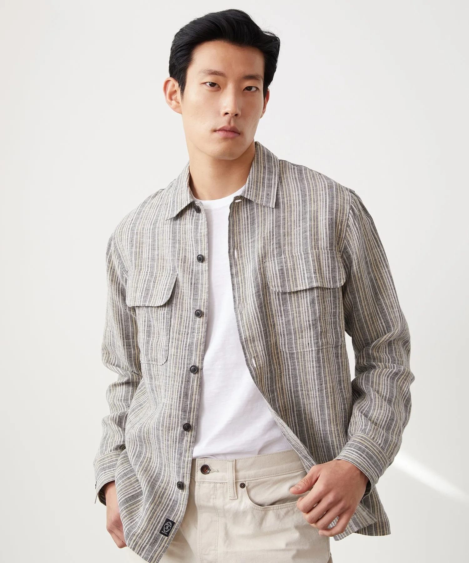 Grey Stripe Linen Shirt Jacket in Grey