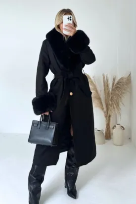 Hazel black felt faux fur long coat