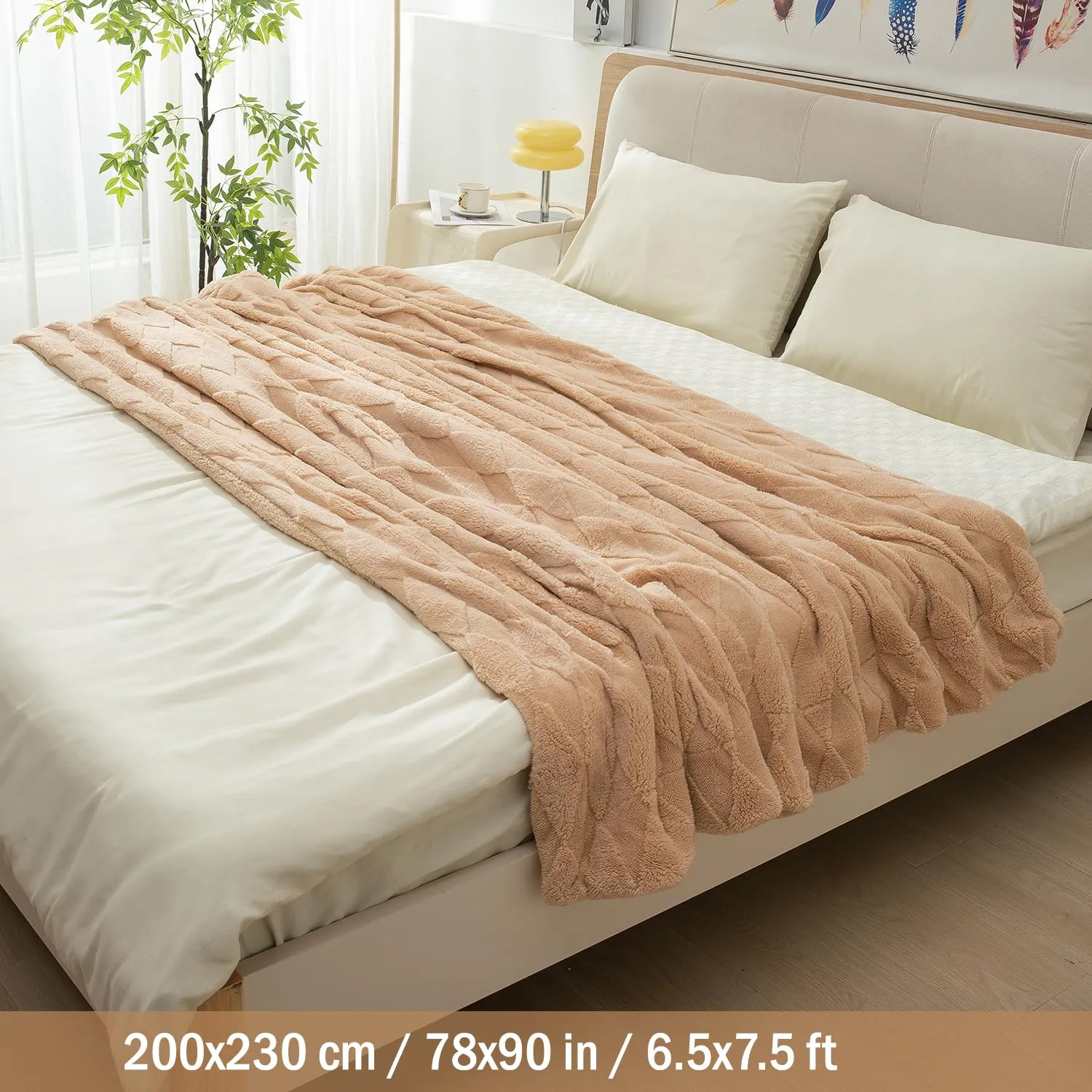 HOKIPO AC and Mild Winter Sherpa Blanket Double Bed Queen, 200x230 cm / 6.5x7.5 feet, Beige (AR-4921-BGE)