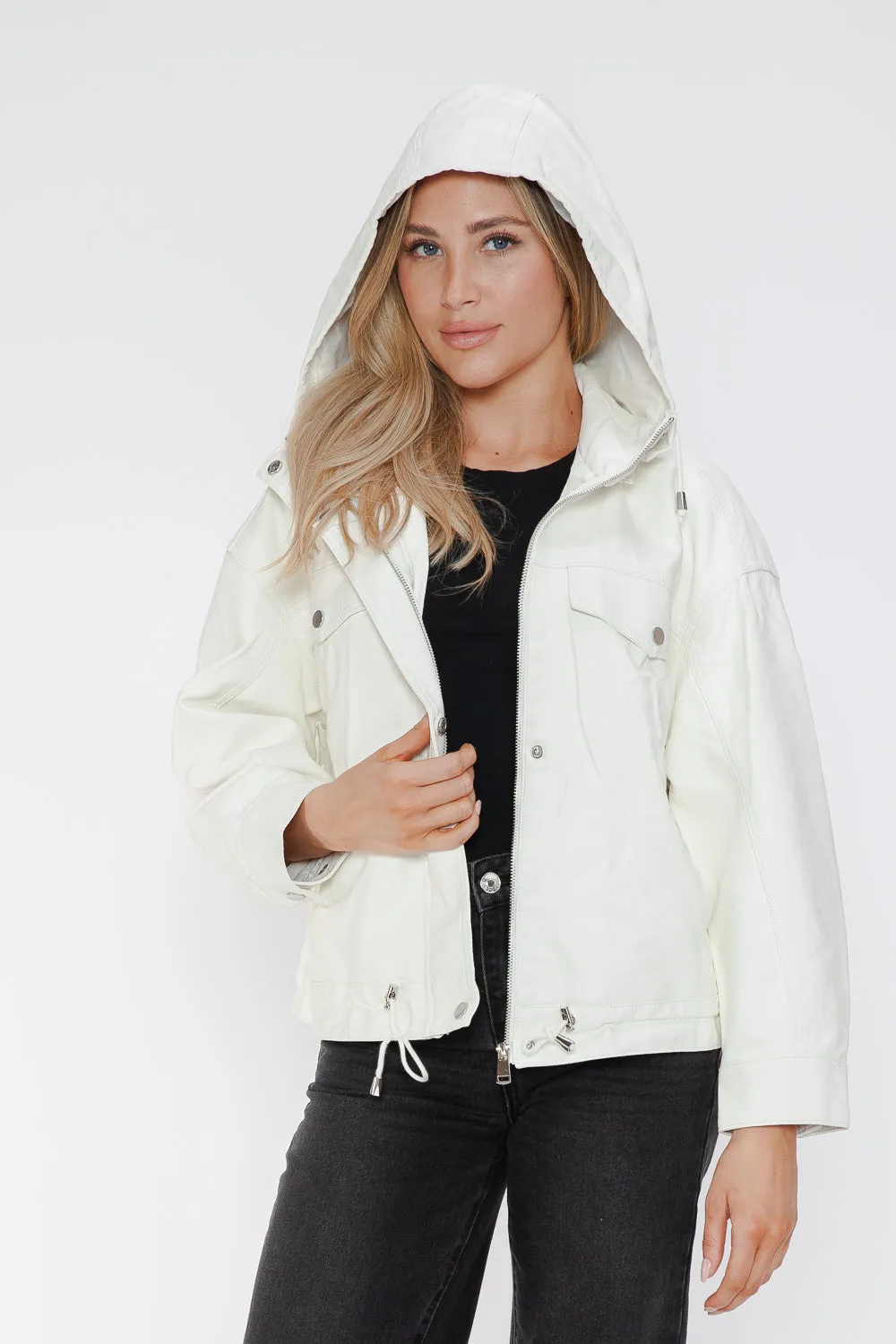 How Dare U White Pu Leather Jacket Drawstring Hem Pocketed Loose Outwear