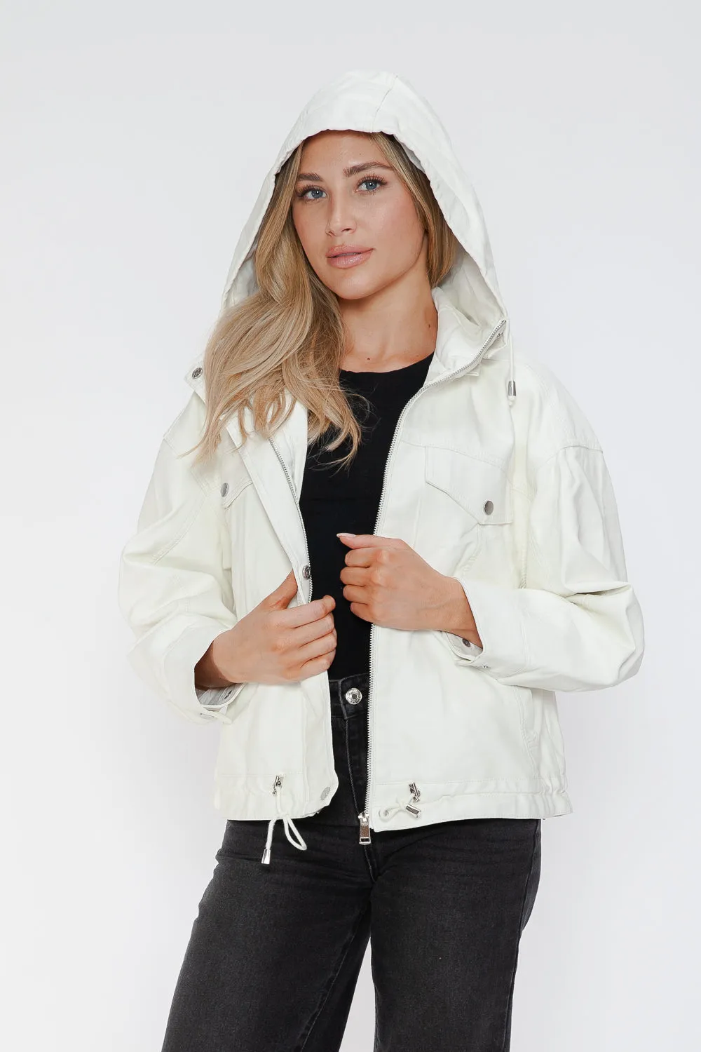 How Dare U White Pu Leather Jacket Drawstring Hem Pocketed Loose Outwear