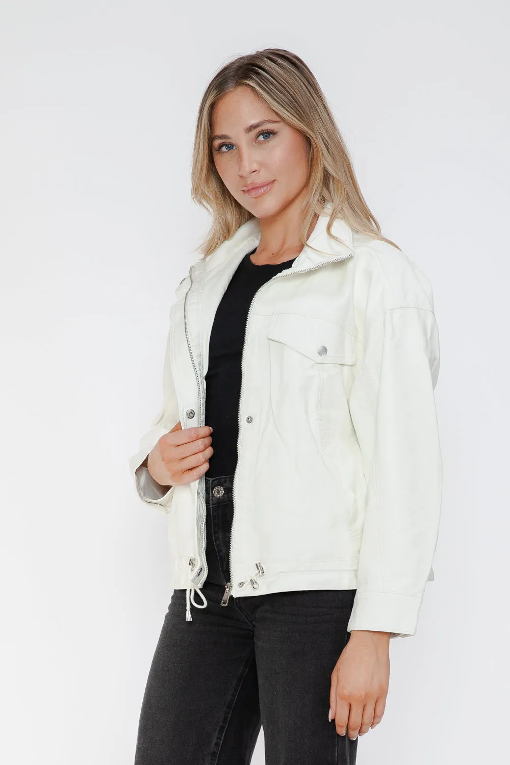 How Dare U White Pu Leather Jacket Drawstring Hem Pocketed Loose Outwear