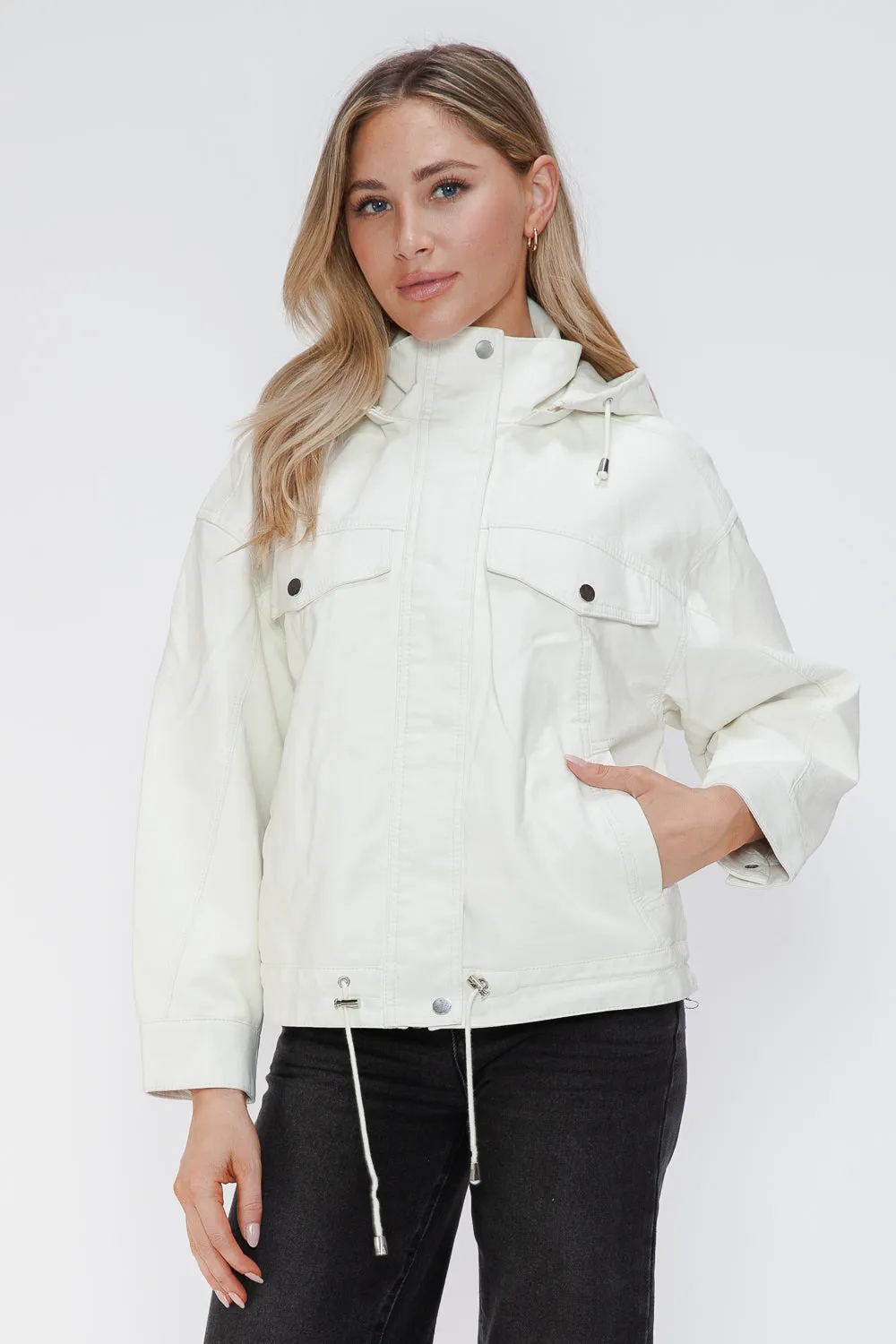 How Dare U White Pu Leather Jacket Drawstring Hem Pocketed Loose Outwear