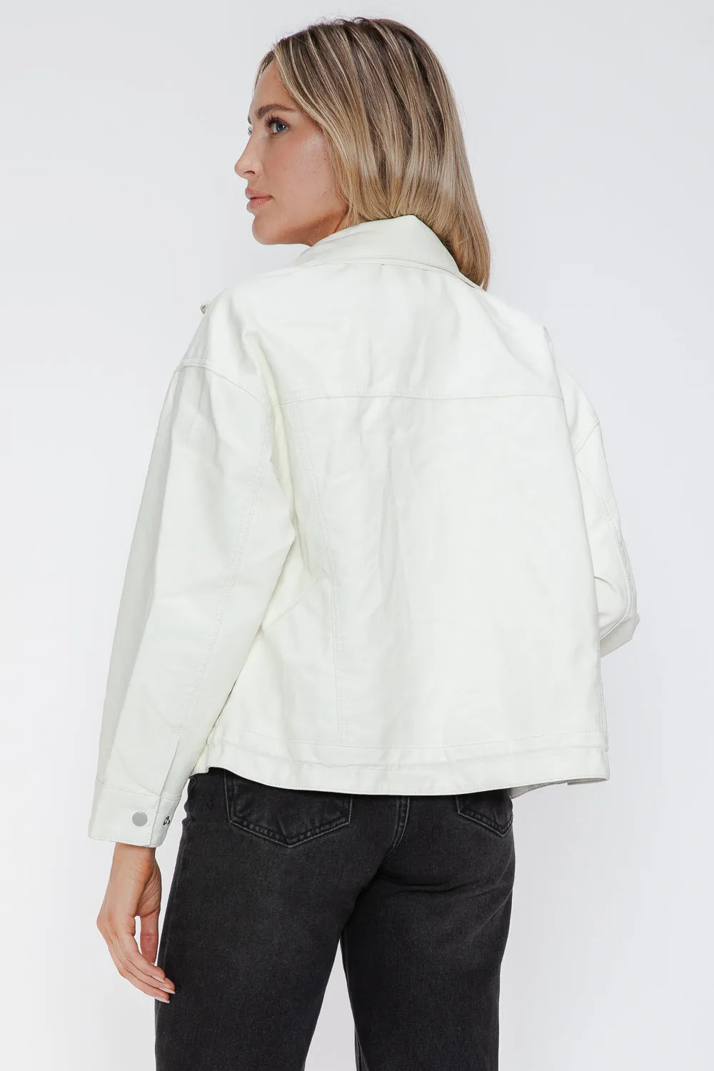 How Dare U White Pu Leather Jacket Drawstring Hem Pocketed Loose Outwear