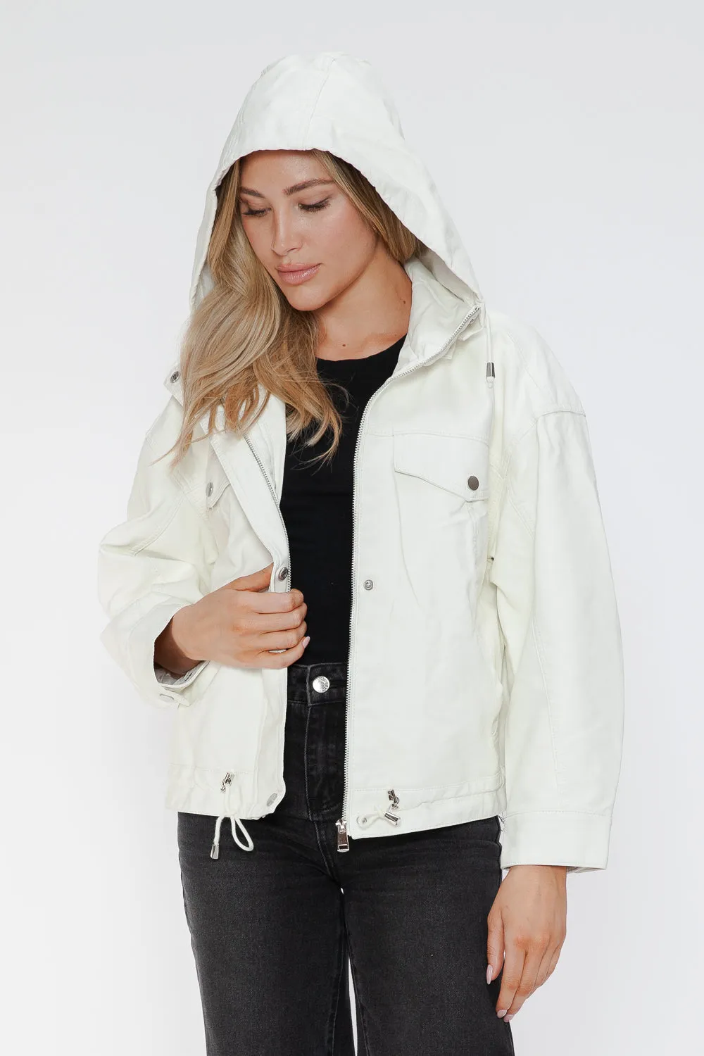 How Dare U White Pu Leather Jacket Drawstring Hem Pocketed Loose Outwear