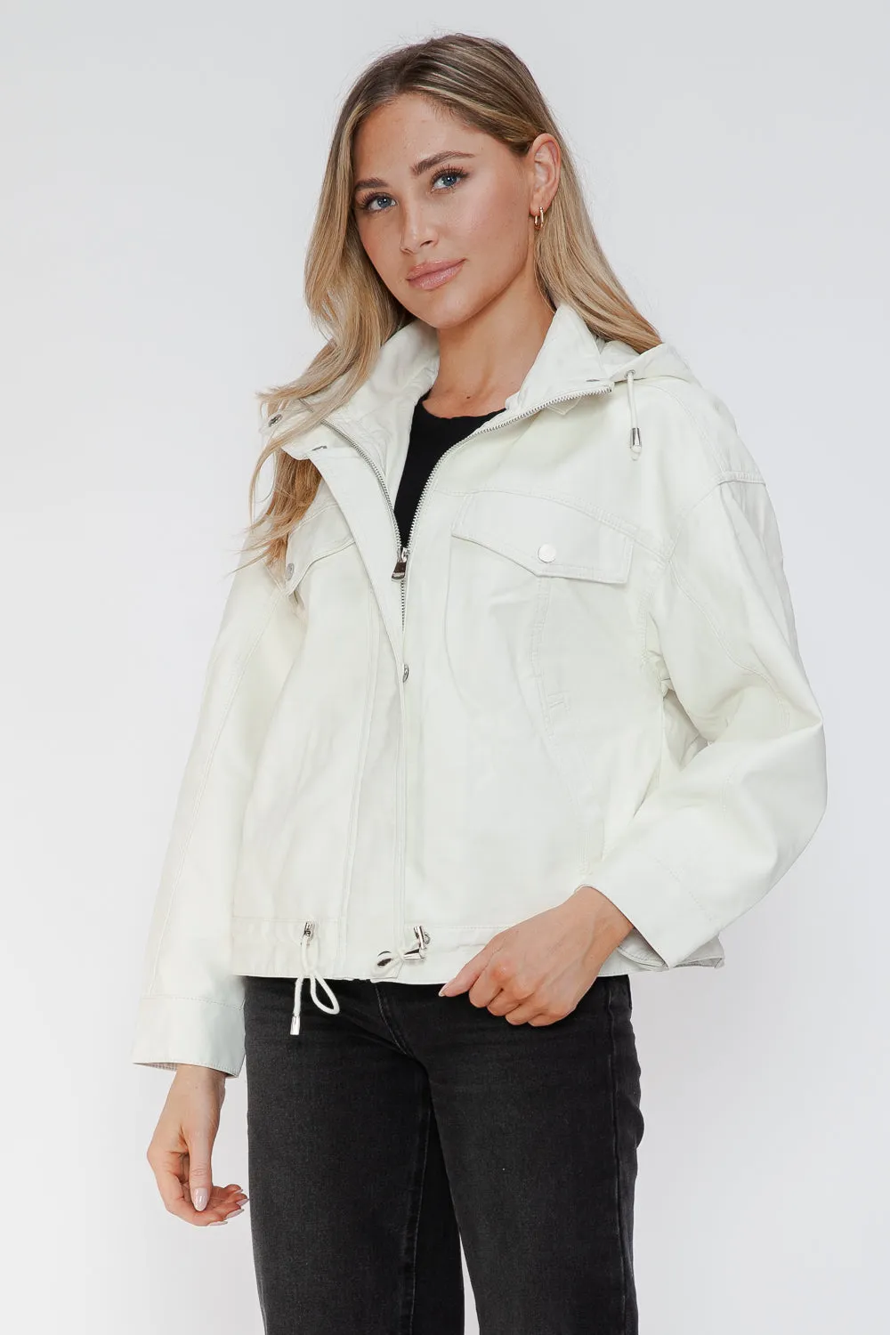 How Dare U White Pu Leather Jacket Drawstring Hem Pocketed Loose Outwear