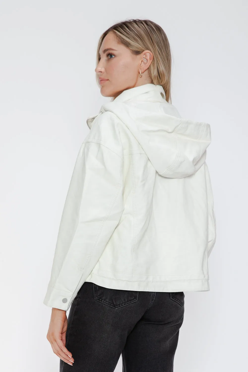 How Dare U White Pu Leather Jacket Drawstring Hem Pocketed Loose Outwear