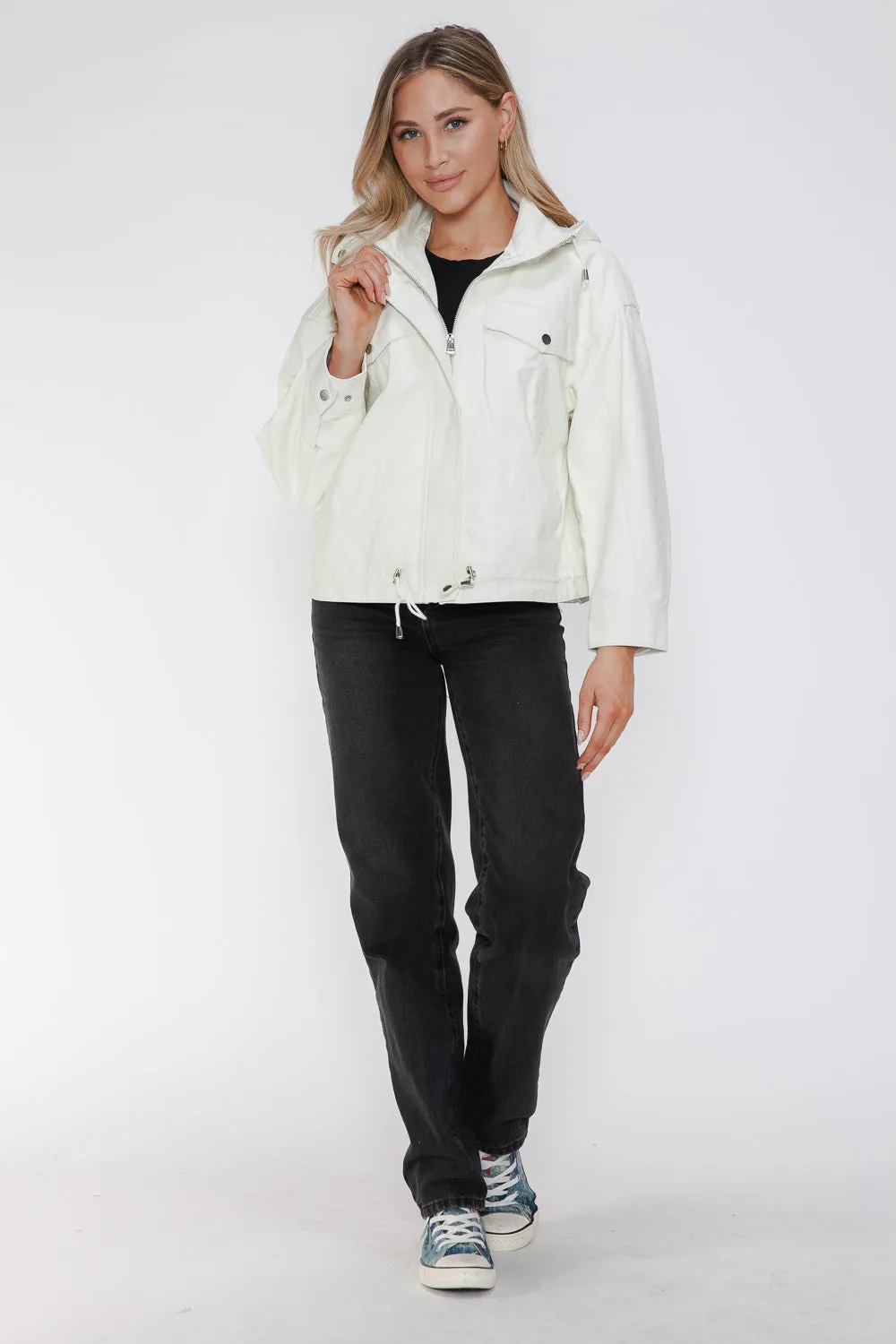 How Dare U White Pu Leather Jacket Drawstring Hem Pocketed Loose Outwear