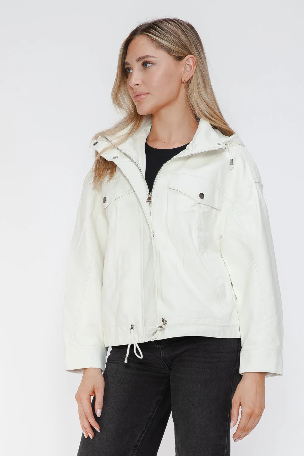 How Dare U White Pu Leather Jacket Drawstring Hem Pocketed Loose Outwear