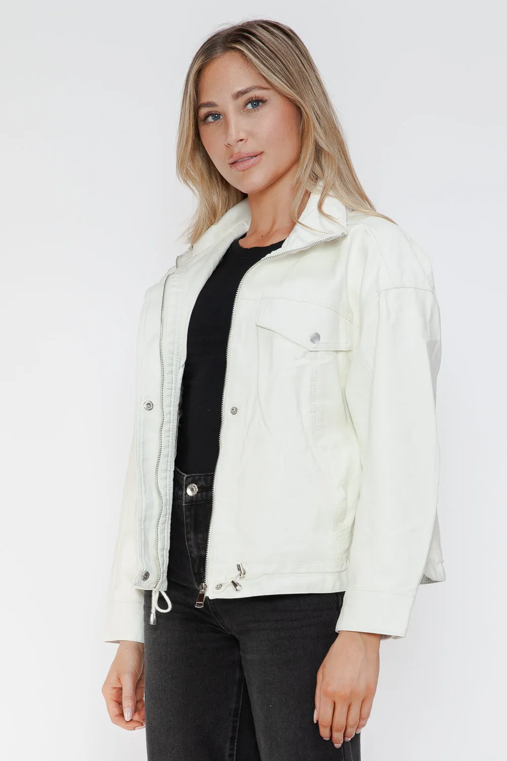 How Dare U White Pu Leather Jacket Drawstring Hem Pocketed Loose Outwear