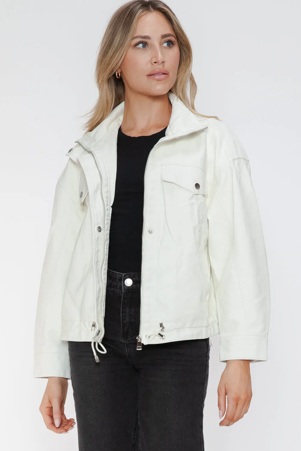 How Dare U White Pu Leather Jacket Drawstring Hem Pocketed Loose Outwear