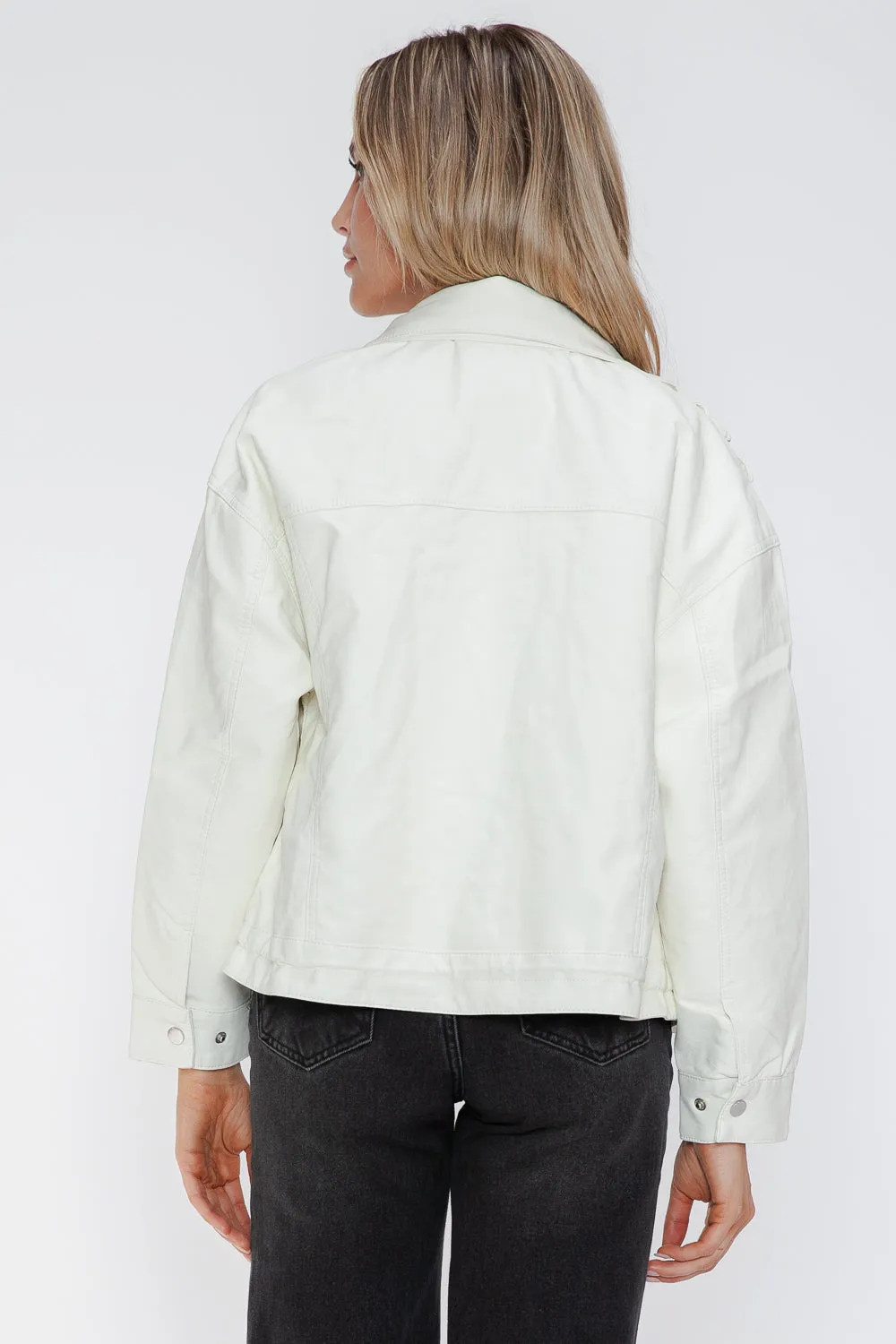 How Dare U White Pu Leather Jacket Drawstring Hem Pocketed Loose Outwear