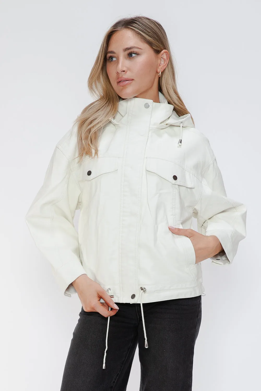 How Dare U White Pu Leather Jacket Drawstring Hem Pocketed Loose Outwear