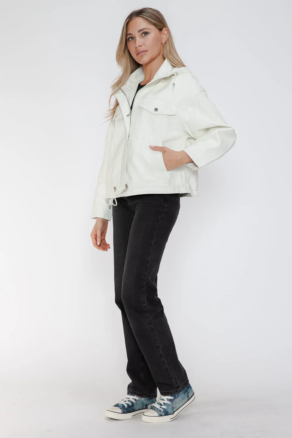 How Dare U White Pu Leather Jacket Drawstring Hem Pocketed Loose Outwear