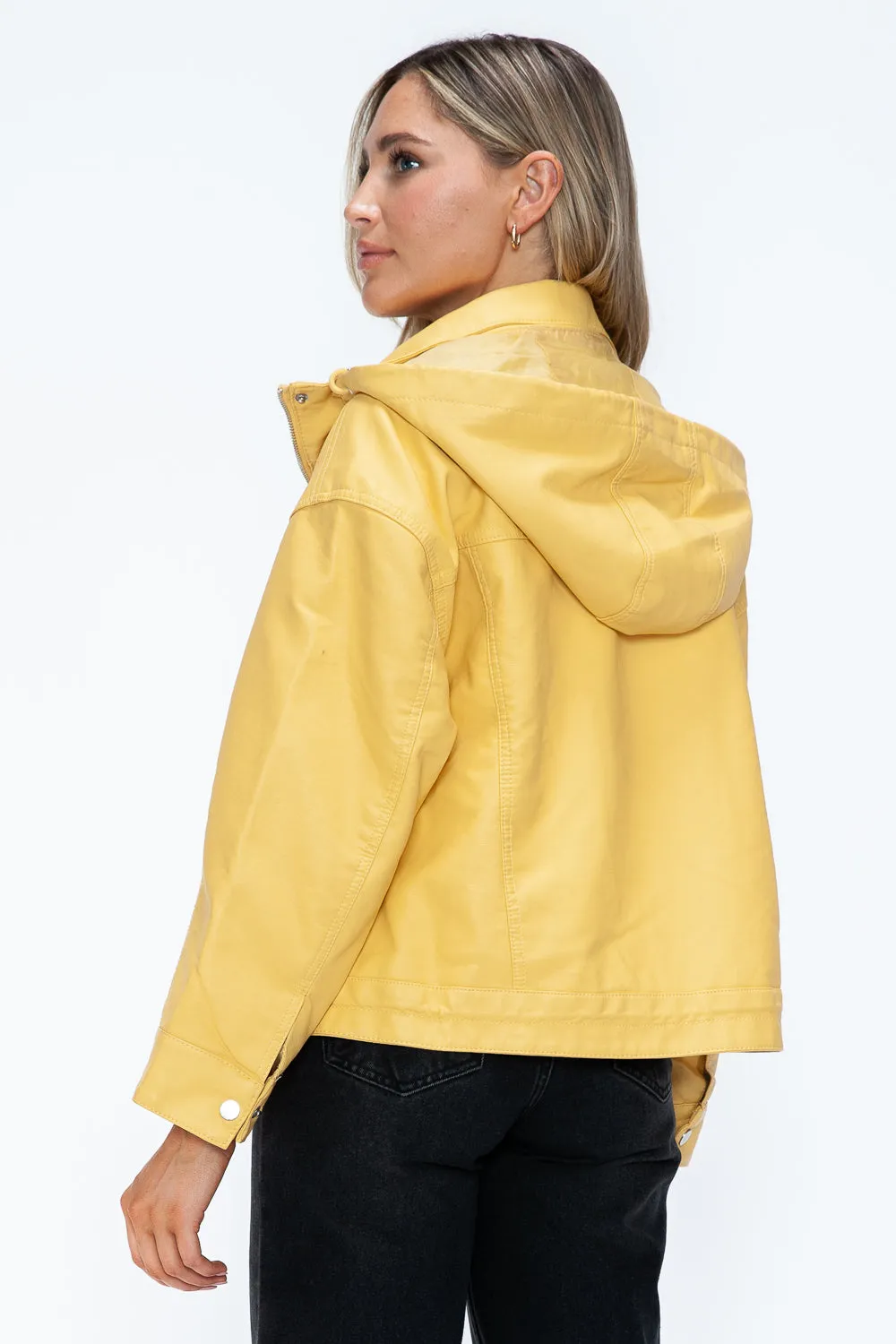 How Dare U Women PU Leather Jacket Drawstring Hem Zip Up Jacket Yellow