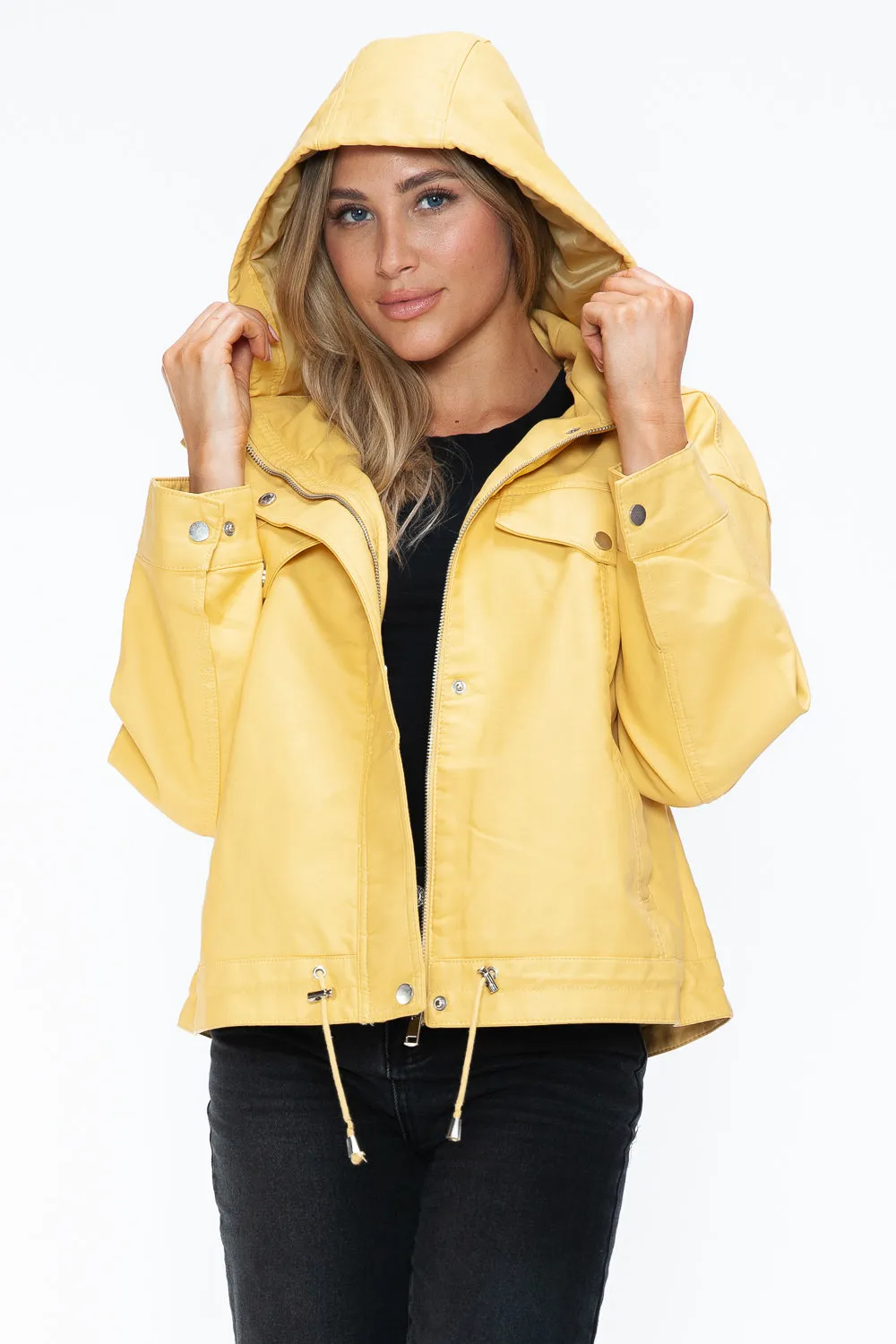 How Dare U Women PU Leather Jacket Drawstring Hem Zip Up Jacket Yellow