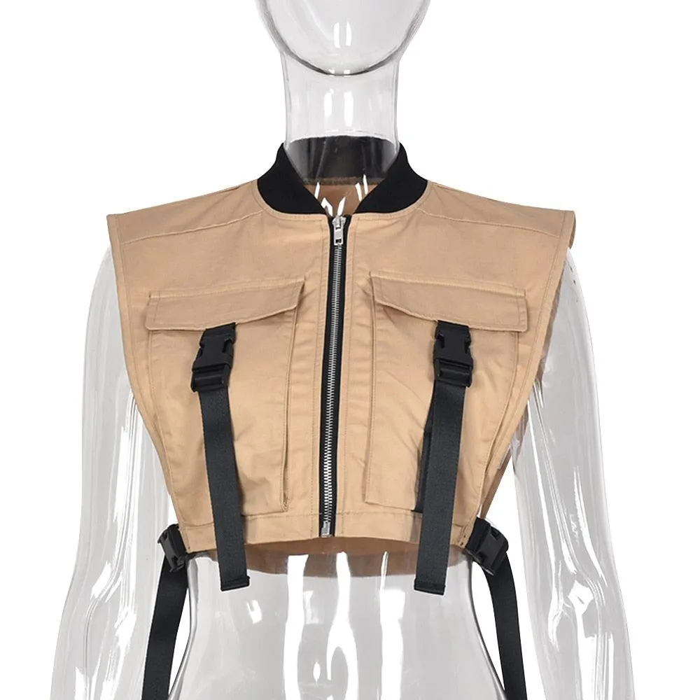 Khaki Cropped Buckle Vest