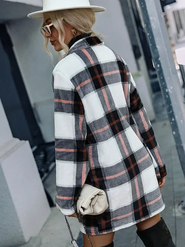 Long Sleeve Suit Collar Cardigan Plaid Wool Coat