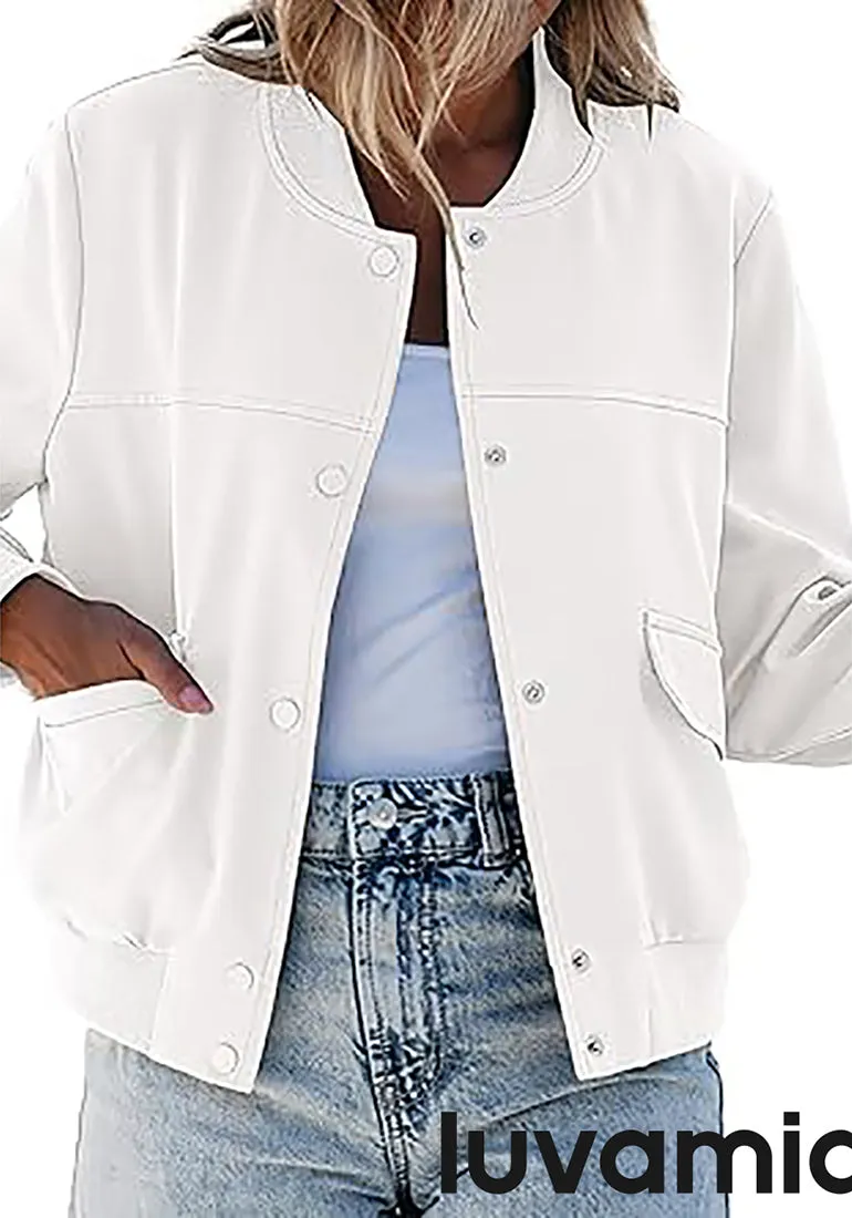 LUVAMIA Women's Casual Fully Buttoned Jackets Baseball Collar Front Pocket Moderate Fit Slight Stretch