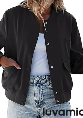 LUVAMIA Women's Casual Fully Buttoned Jackets Baseball Collar Front Pocket Moderate Fit Slight Stretch