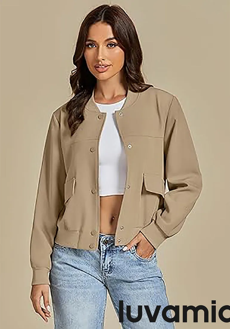 LUVAMIA Women's Casual Fully Buttoned Jackets Baseball Collar Front Pocket Moderate Fit Slight Stretch