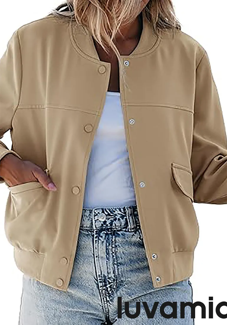 LUVAMIA Women's Casual Fully Buttoned Jackets Baseball Collar Front Pocket Moderate Fit Slight Stretch