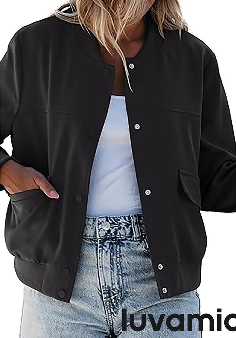 LUVAMIA Women's Casual Fully Buttoned Jackets Baseball Collar Front Pocket Moderate Fit Slight Stretch