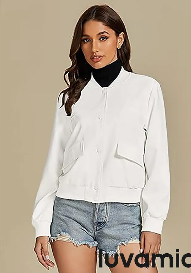 LUVAMIA Women's Casual Fully Buttoned Jackets Baseball Collar Front Pocket Moderate Fit Slight Stretch