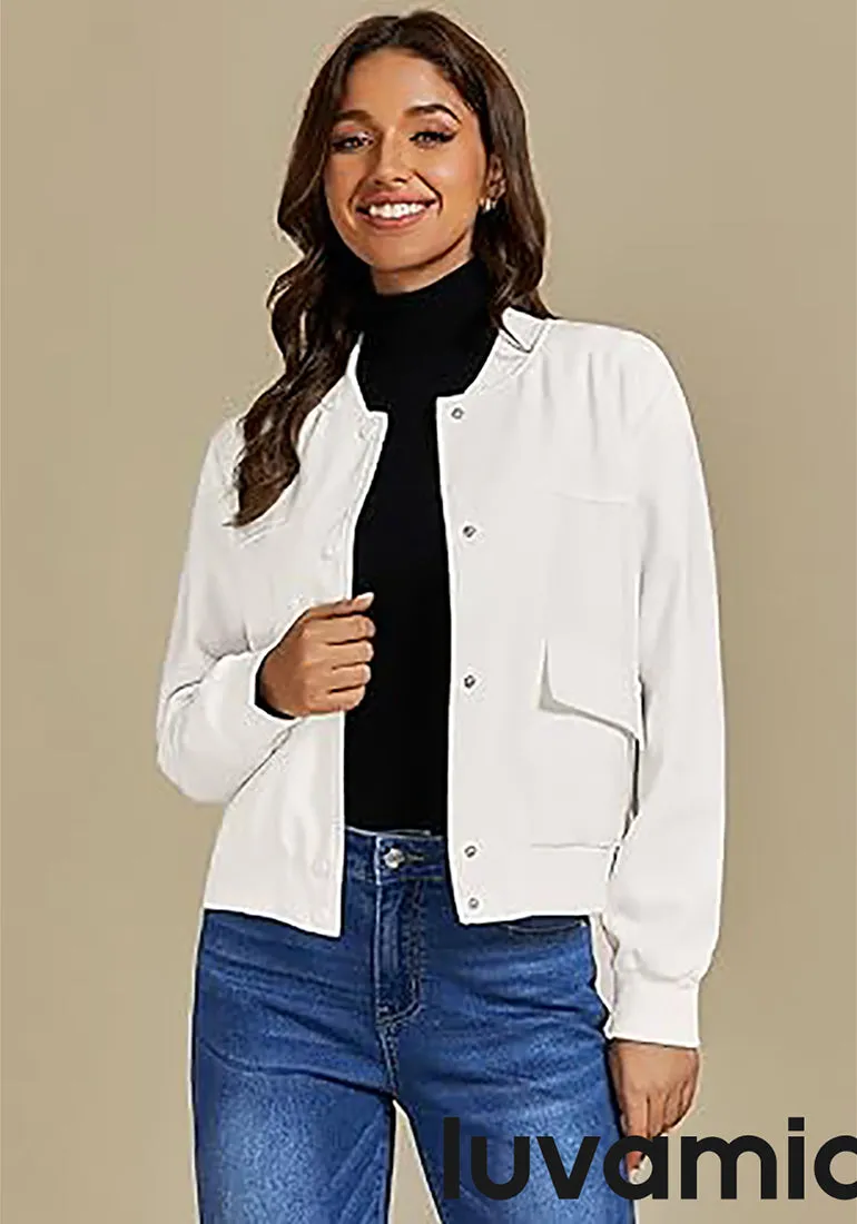 LUVAMIA Women's Casual Fully Buttoned Jackets Baseball Collar Front Pocket Moderate Fit Slight Stretch