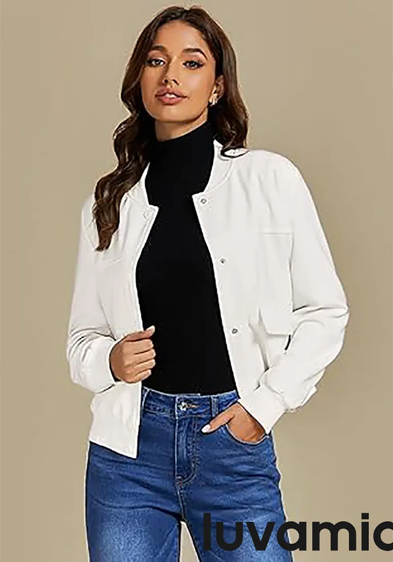 LUVAMIA Women's Casual Fully Buttoned Jackets Baseball Collar Front Pocket Moderate Fit Slight Stretch