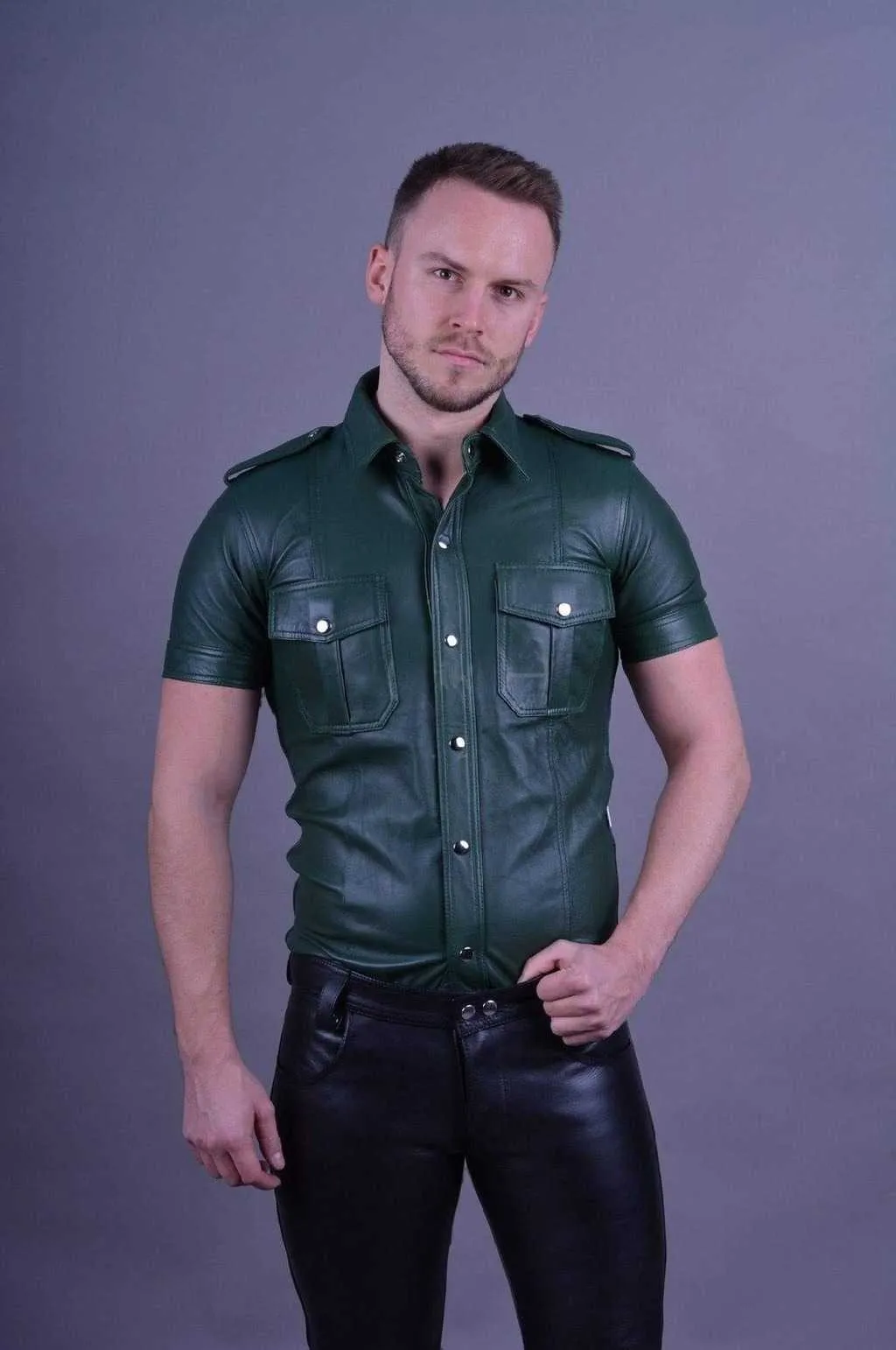 Mens Brown Leather Short Sleeve Button Up Shirt