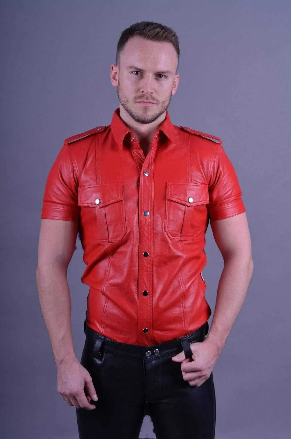 Mens Brown Leather Short Sleeve Button Up Shirt