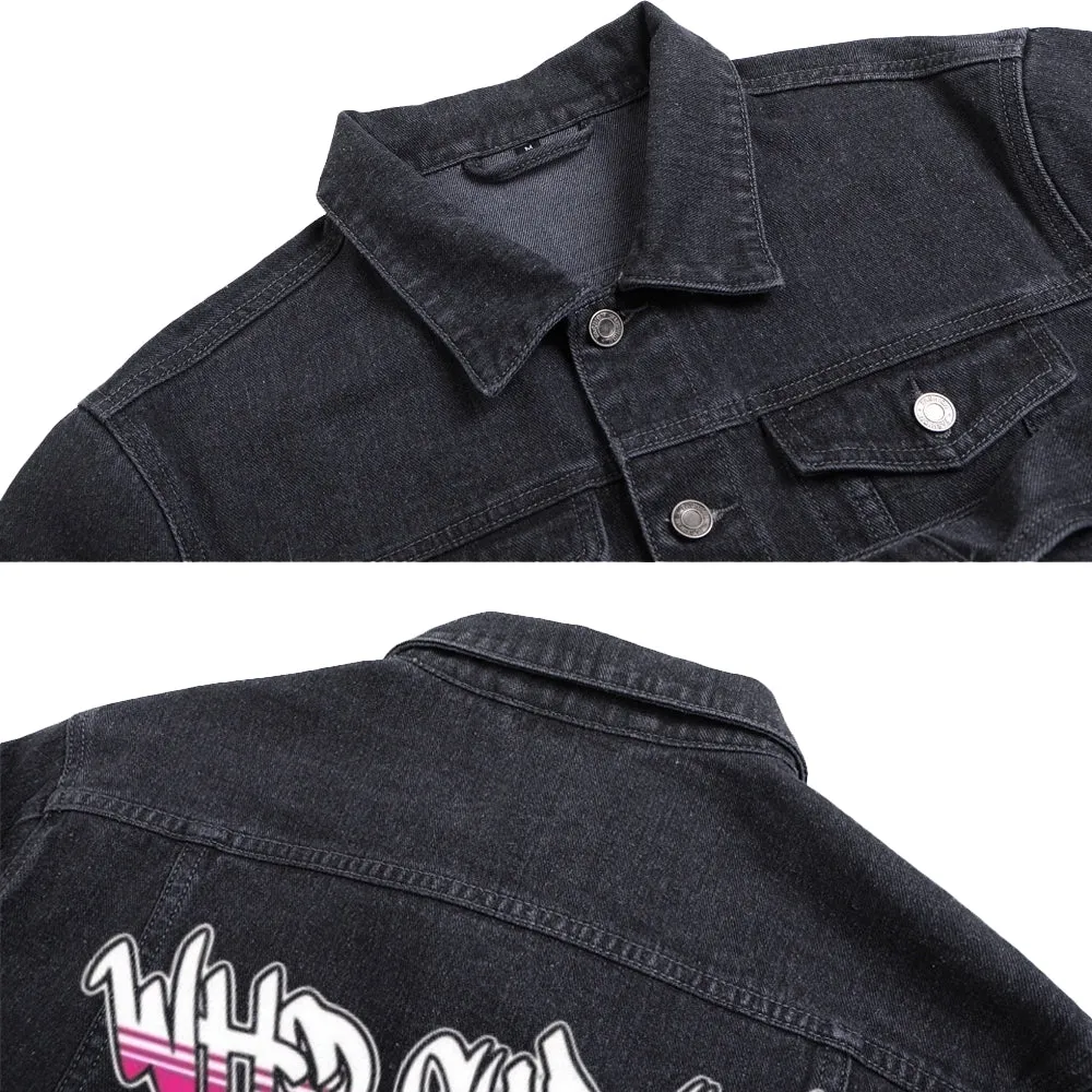 Mens Graffiti Cute Bear Graphic Button Up Denim Jacket