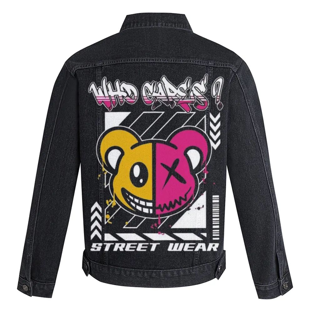 Mens Graffiti Cute Bear Graphic Button Up Denim Jacket