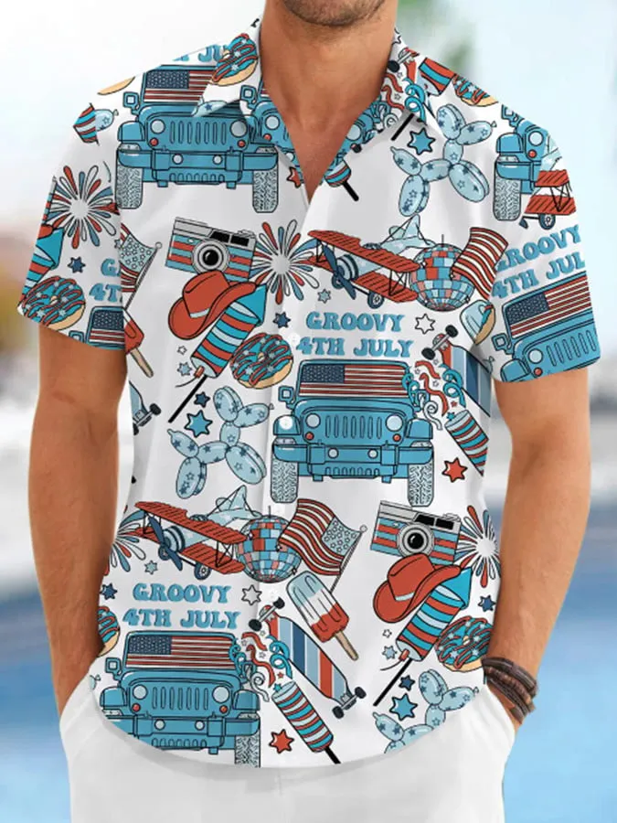 Men's Groovy Fourth Of July Print Short Sleeve Casual Shirt