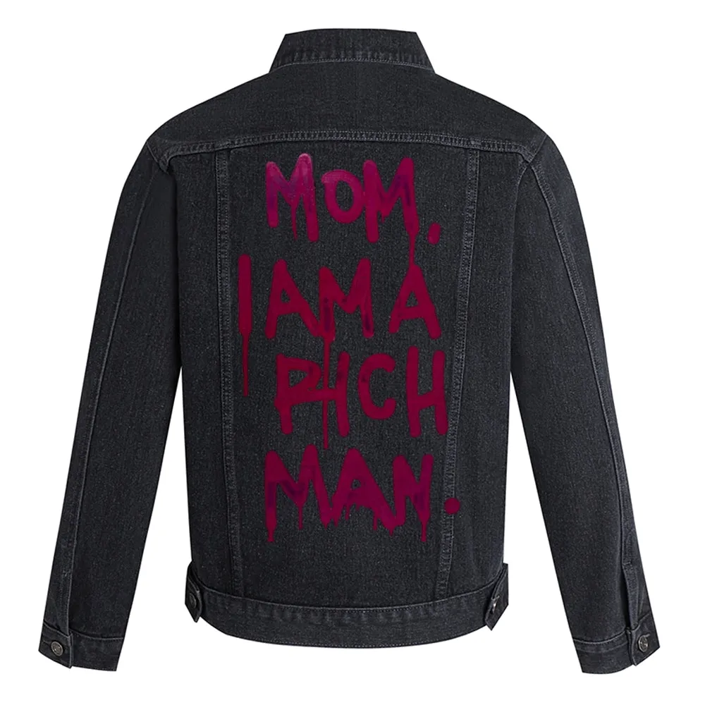 Mens MOM I AM A RICH MAN Graphic Button Up Denim Jacket