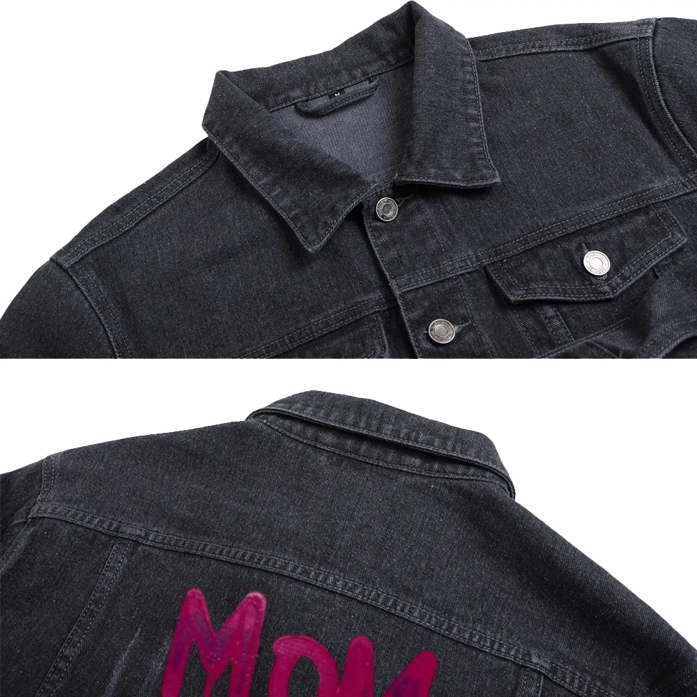 Mens MOM I AM A RICH MAN Graphic Button Up Denim Jacket