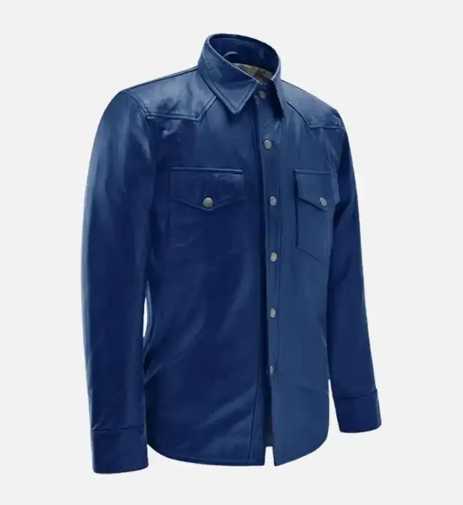 Men's Rich Blue Leather Trucker Jacket