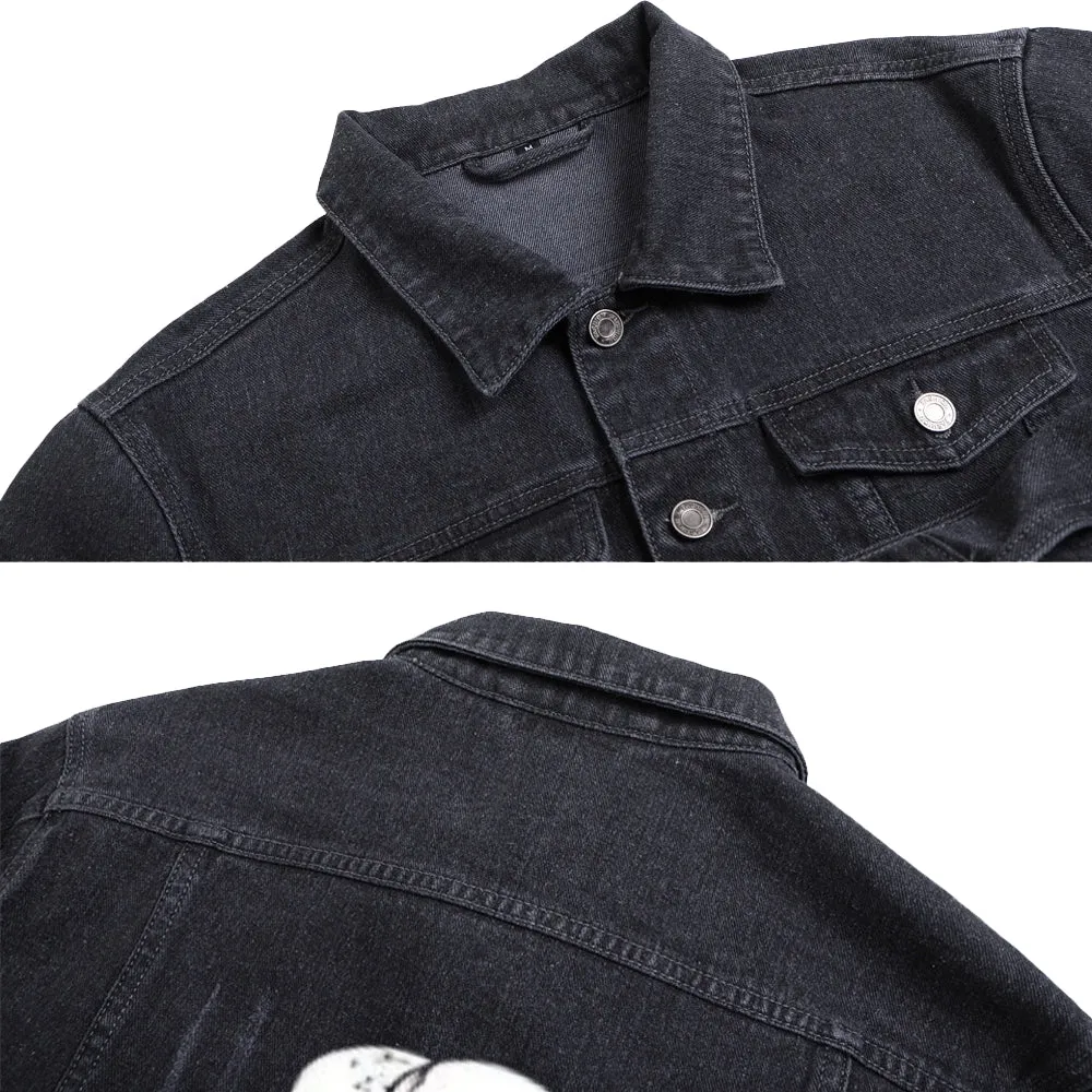 Mens Skull and Crossbones Graphic Button Up Denim Jacket